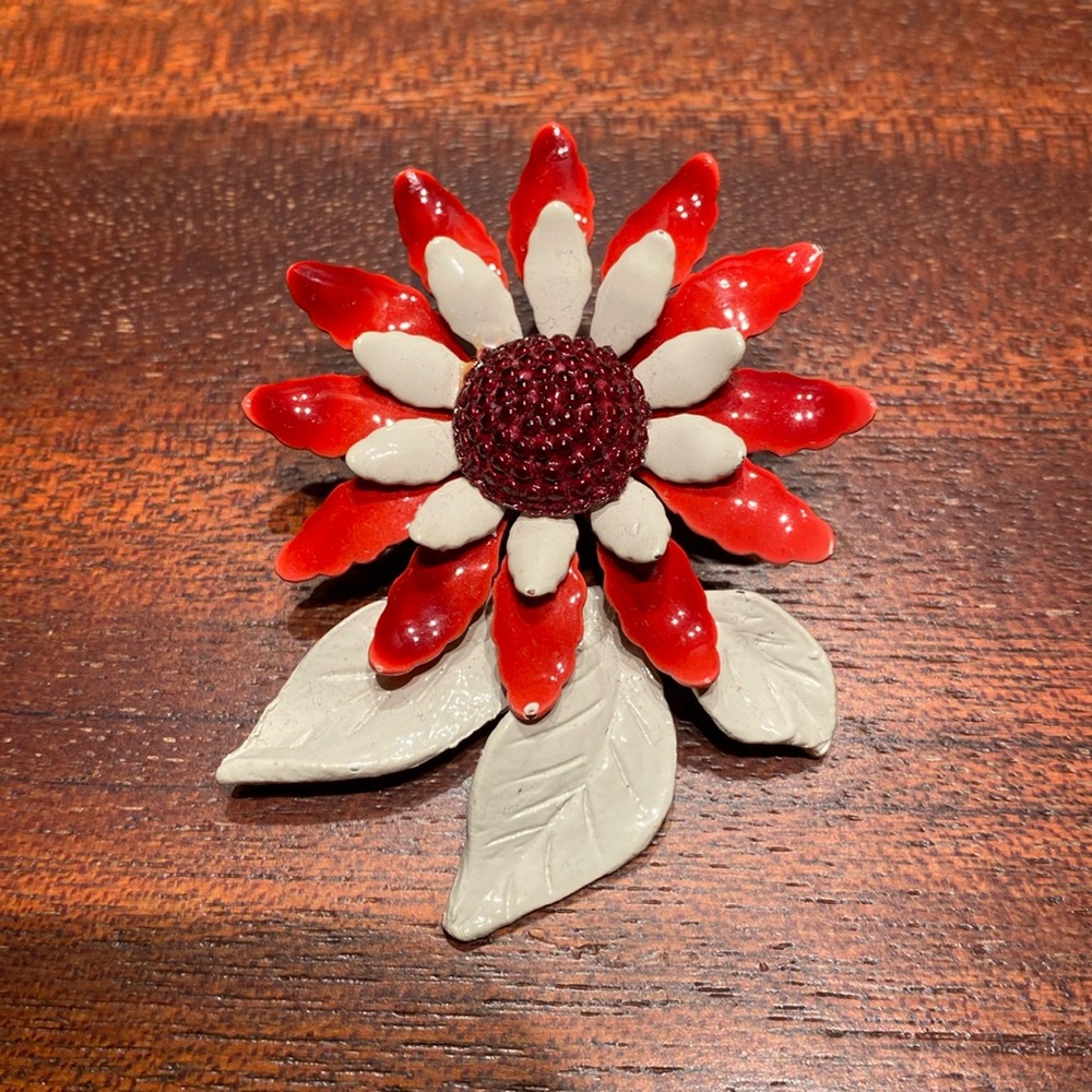 Vintage red and white enamel brooch